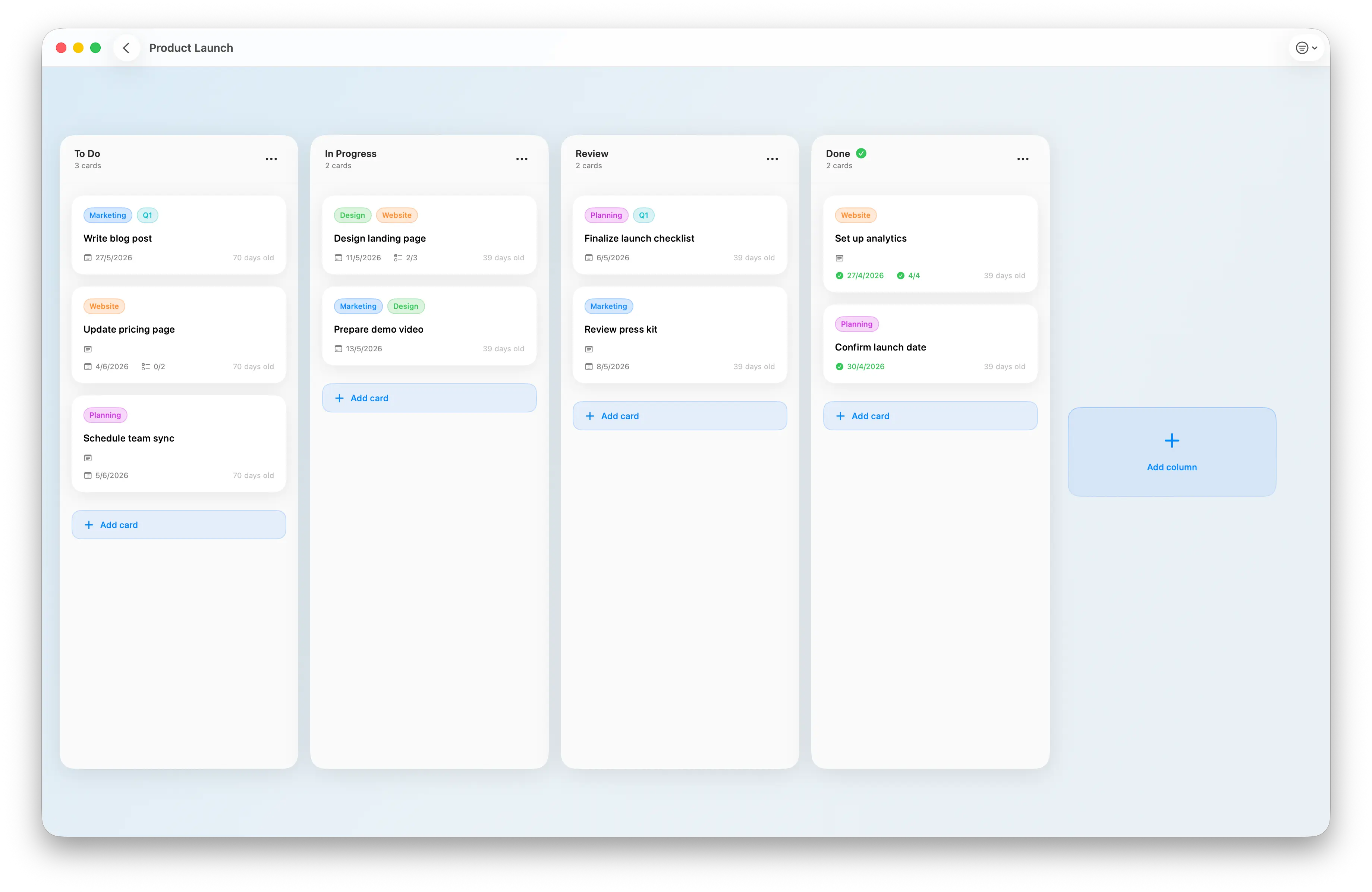 A Hense Kanban board on Mac titled Product Launch, with four columns (To Do, In Progress, Review, Done) and cards with colored labels for Marketing, Design, Website, and Planning.