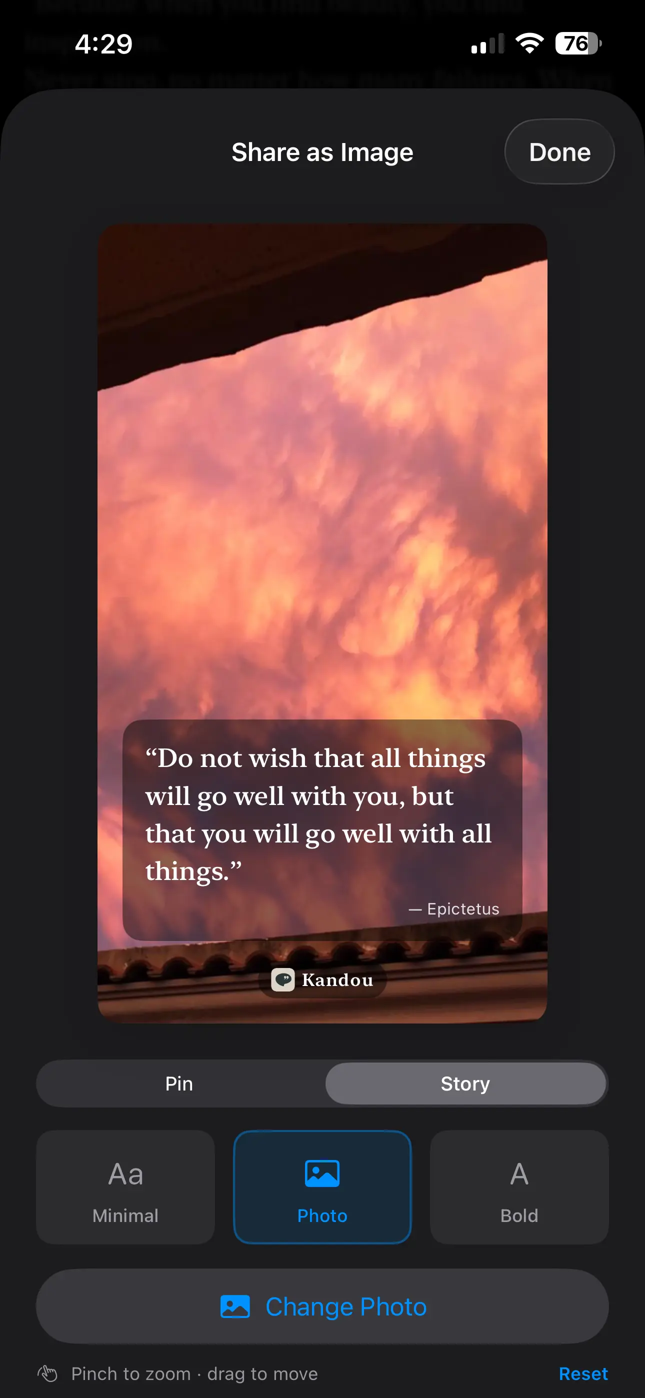 Kandou's Share as Image screen on iPhone, showing a quote by Epictetus over a sunset photo, with format options for Pin and Story and styles for Minimal, Photo, and Bold.