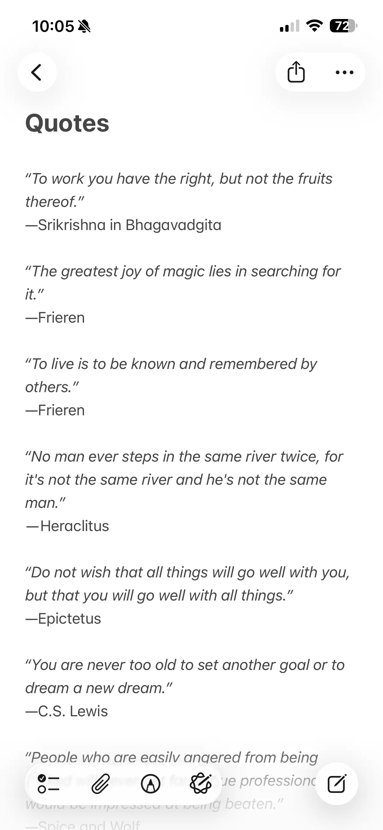 A long Apple Notes note titled 'Quotes' showing a wall of text with dozens of saved quotes and inline #book and #anime tags scattered through them.