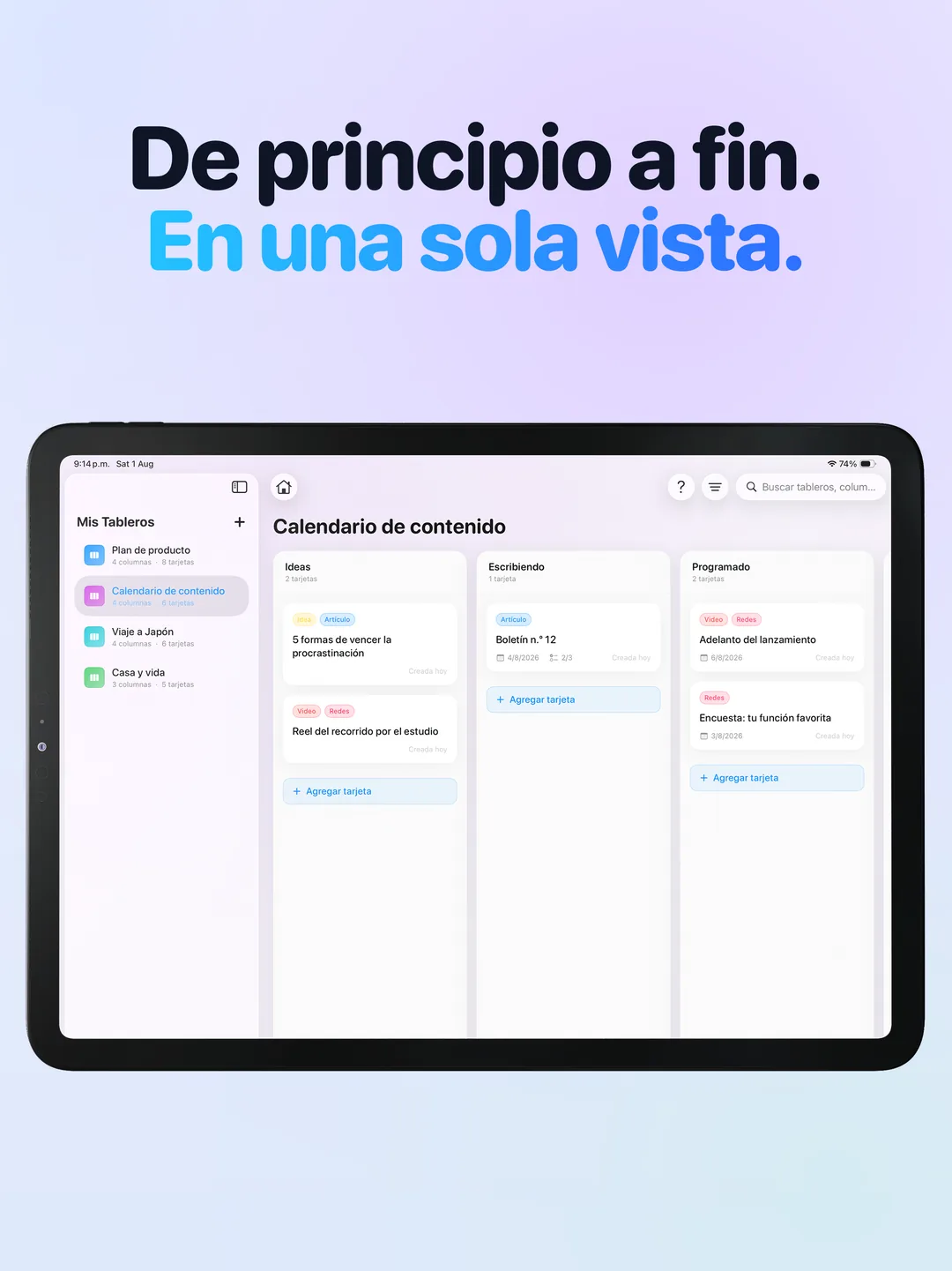 Un tablero completo de un vistazo en iPad, con la lista de tableros en una barra lateral.