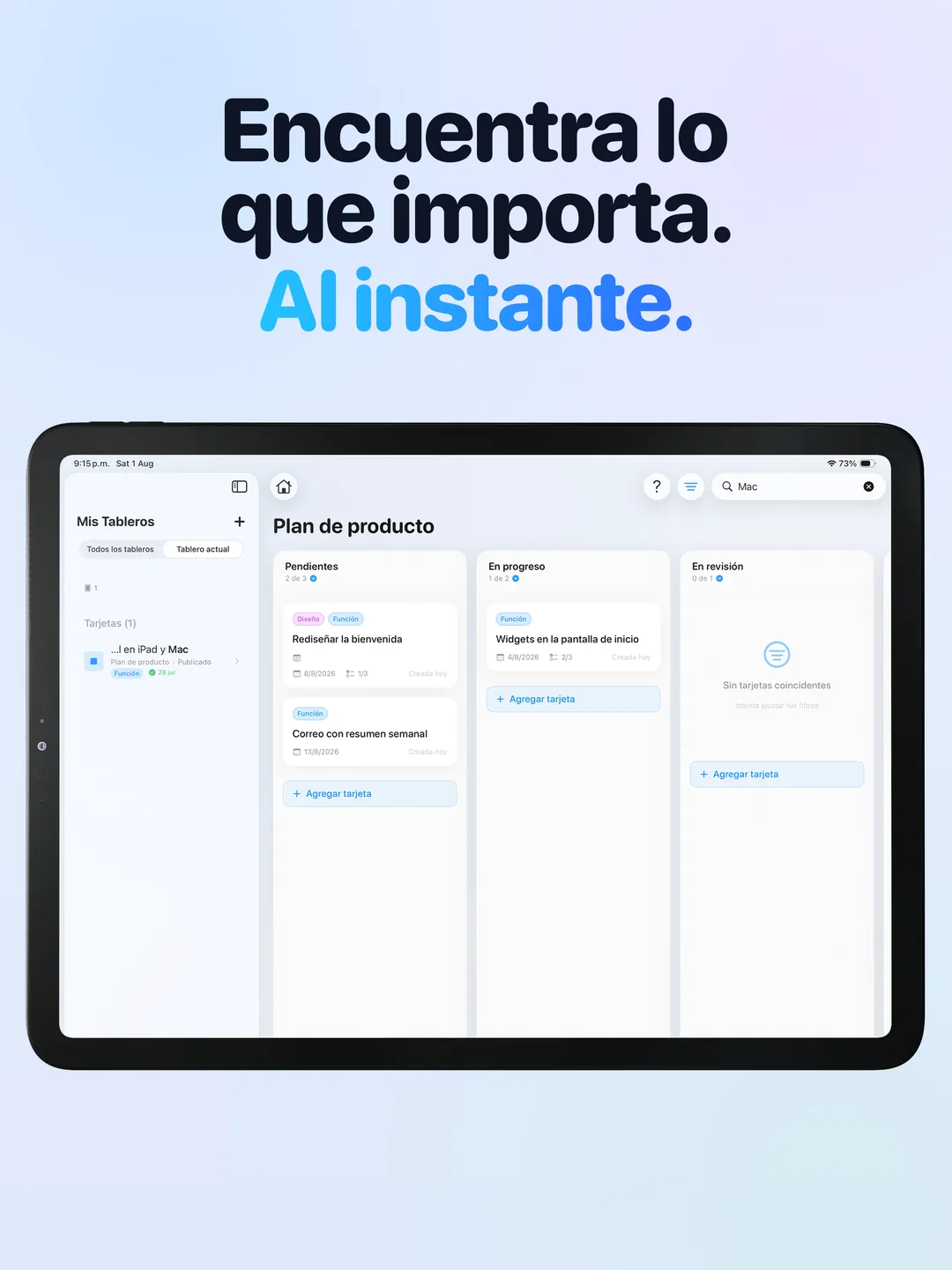 Busca en todos los tableros desde la barra lateral y salta a la tarjeta exacta.