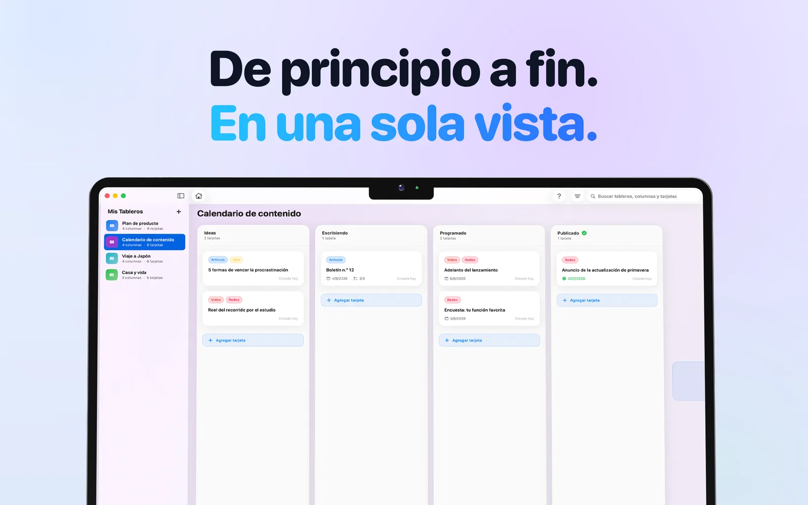 Un tablero de calendario de contenido en Mac con las columnas Ideas, Escribiendo, Programado y Publicado.
