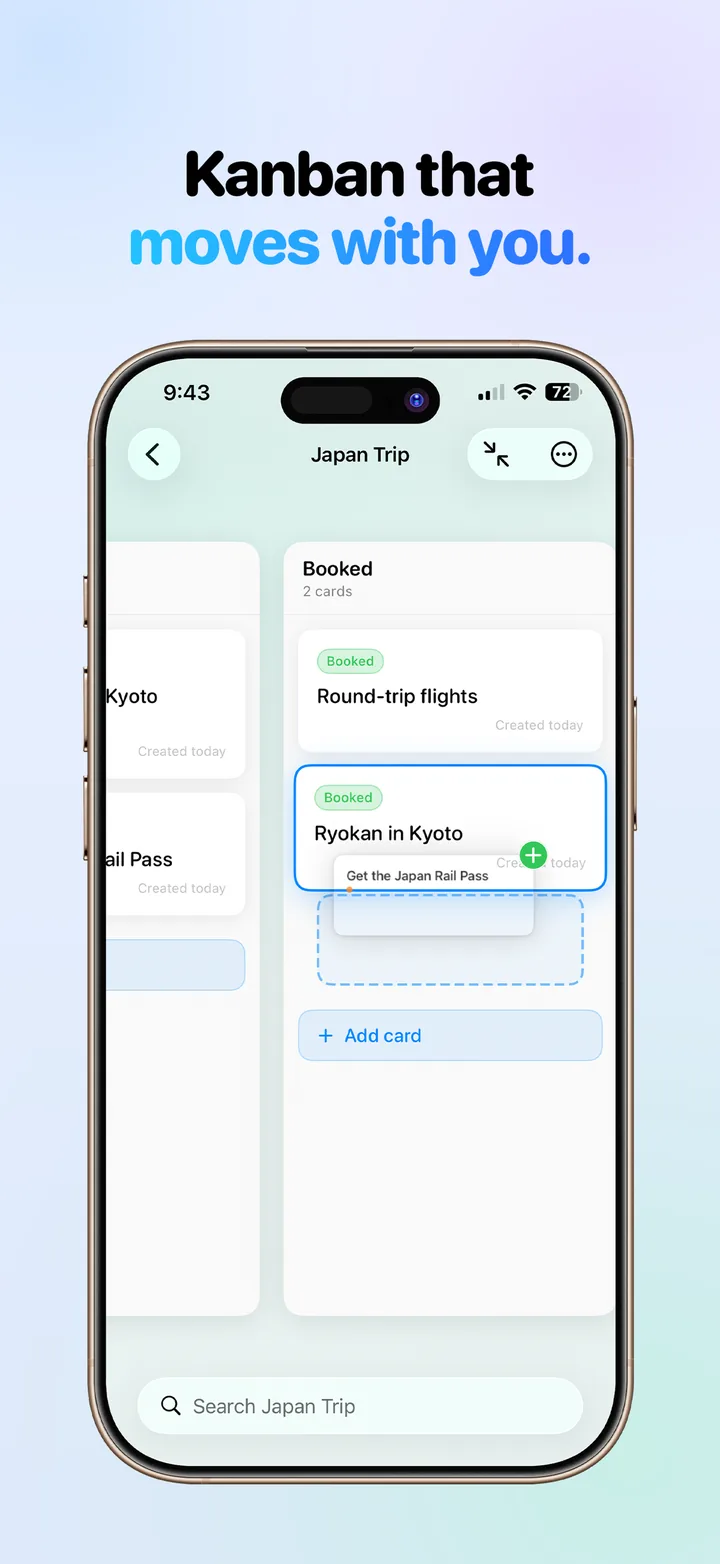 Kanban that moves with you: dragging a card between the Planning and Booked columns of a trip board.