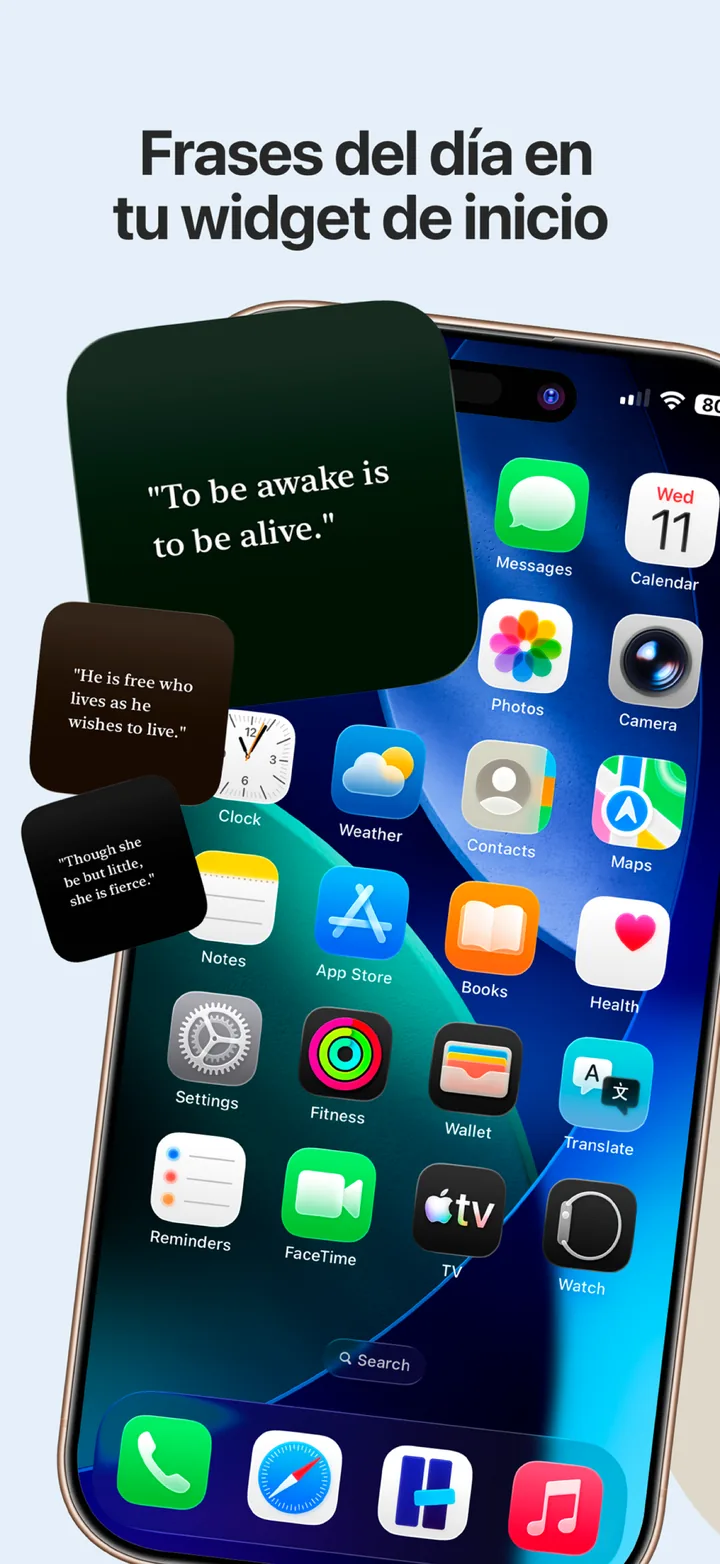 Frases diarias en tu widget de la pantalla de inicio: un widget de Kandou en la pantalla de inicio de un iPhone junto a tarjetas de frases flotantes.
