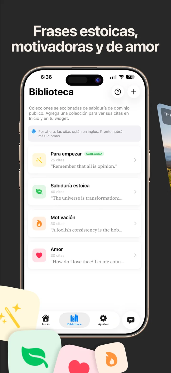 Una biblioteca de sabiduría estoica, motivación y amor: la pestaña Biblioteca con las colecciones Para empezar, Sabiduría estoica, Motivación y Amor.