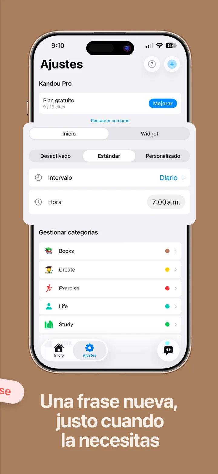 Una frase nueva justo cuando la necesitas: Ajustes con la programación de rotación de Inicio y del widget y la gestión de categorías.
