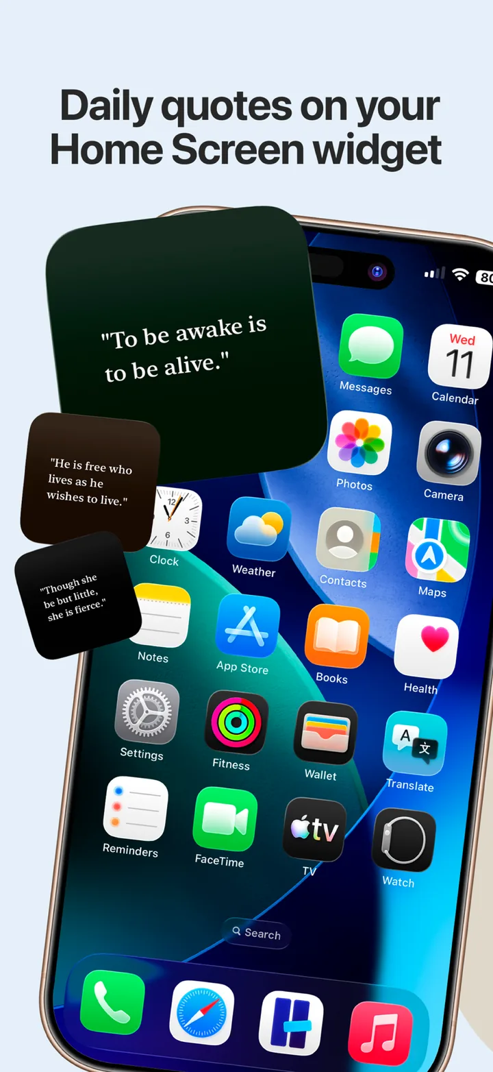 Daily quotes on your Home Screen widget: a Kandou quote widget on an iPhone Home Screen next to floating quote cards.