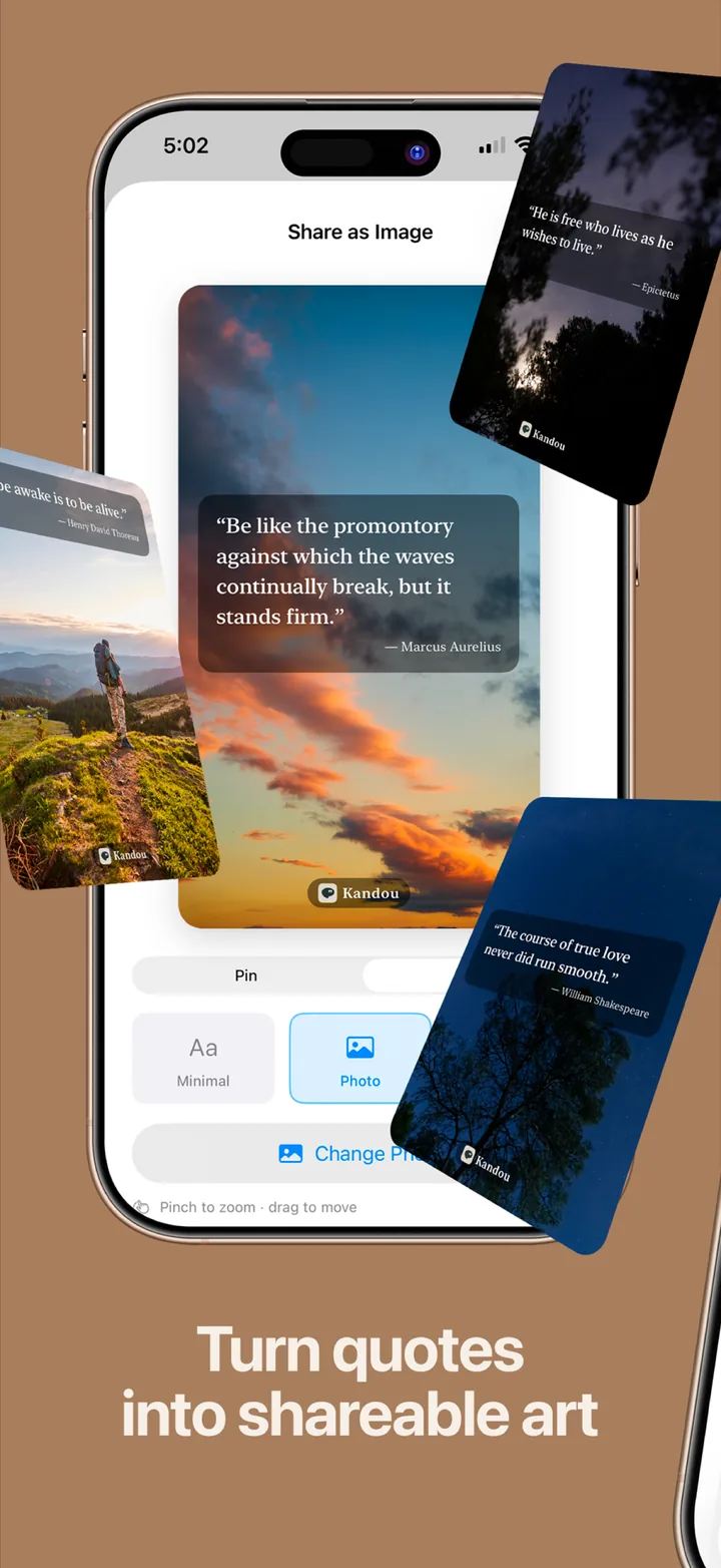 Turn quotes into shareable art: the Share as Image sheet with the Photo style over a landscape photograph.