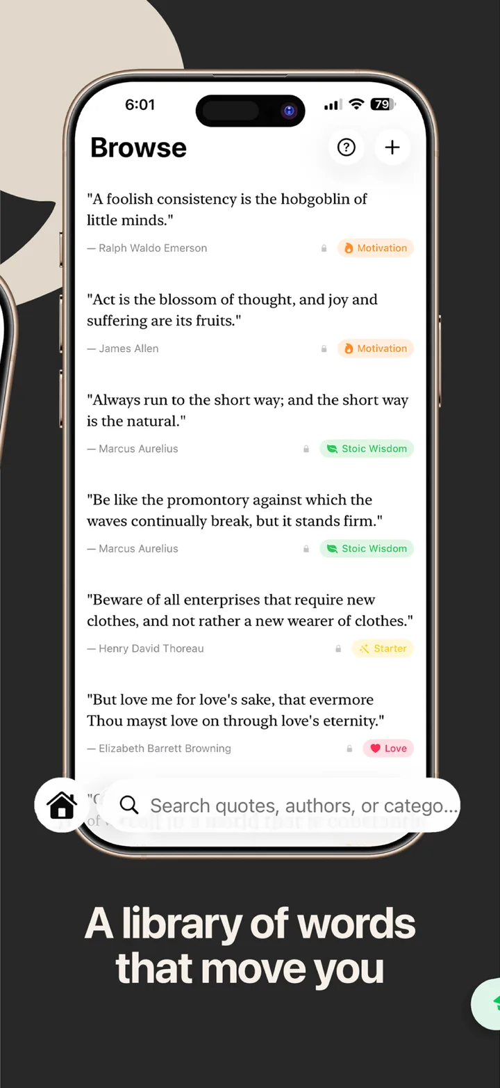 A library of words that move you: the Browse tab listing quotes by Emerson, Marcus Aurelius, and others, with search.