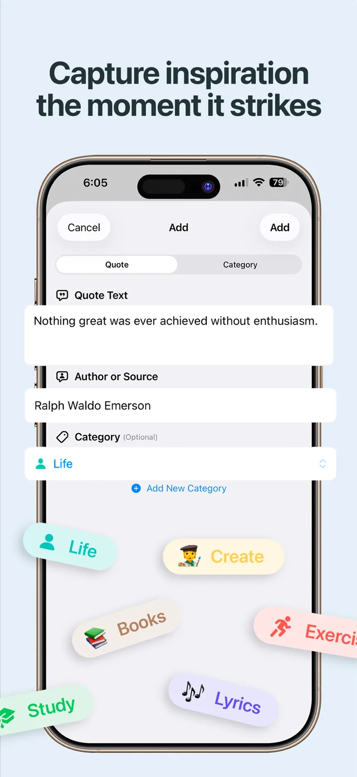 Capture inspiration the moment it strikes: the Add sheet with fields for the quote, the author or source, and a category.