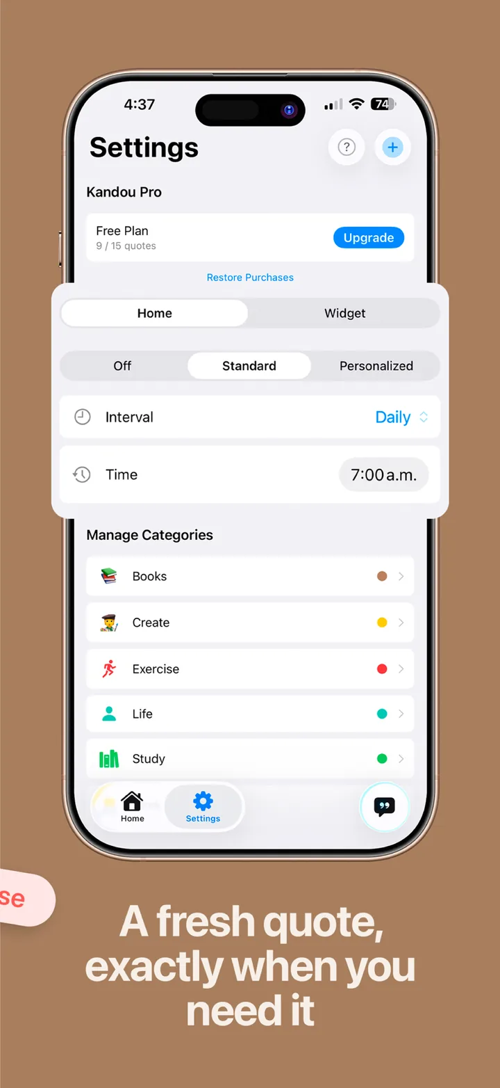 A fresh quote exactly when you need it: Settings with the Home and widget rotation schedule and category management.